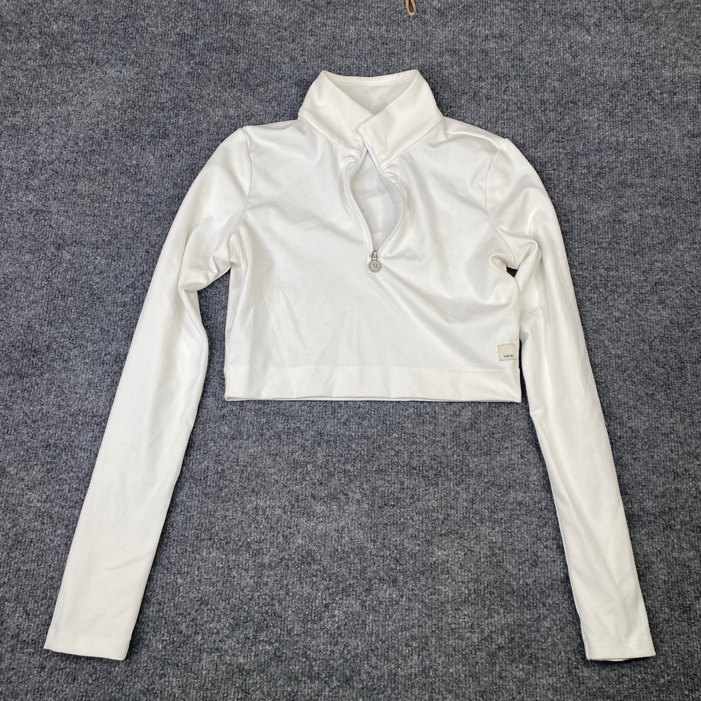 Vuori Studio Half Zip Cropped Pullover White Ribbed Long Sleeve VW294 Small